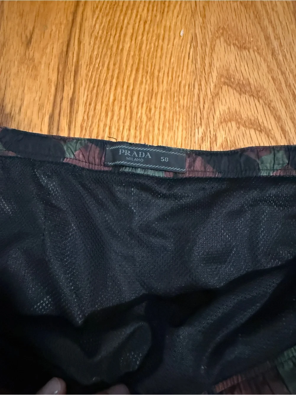 Prada Green & Black Geometric Swim Trunks with Red Drawcord